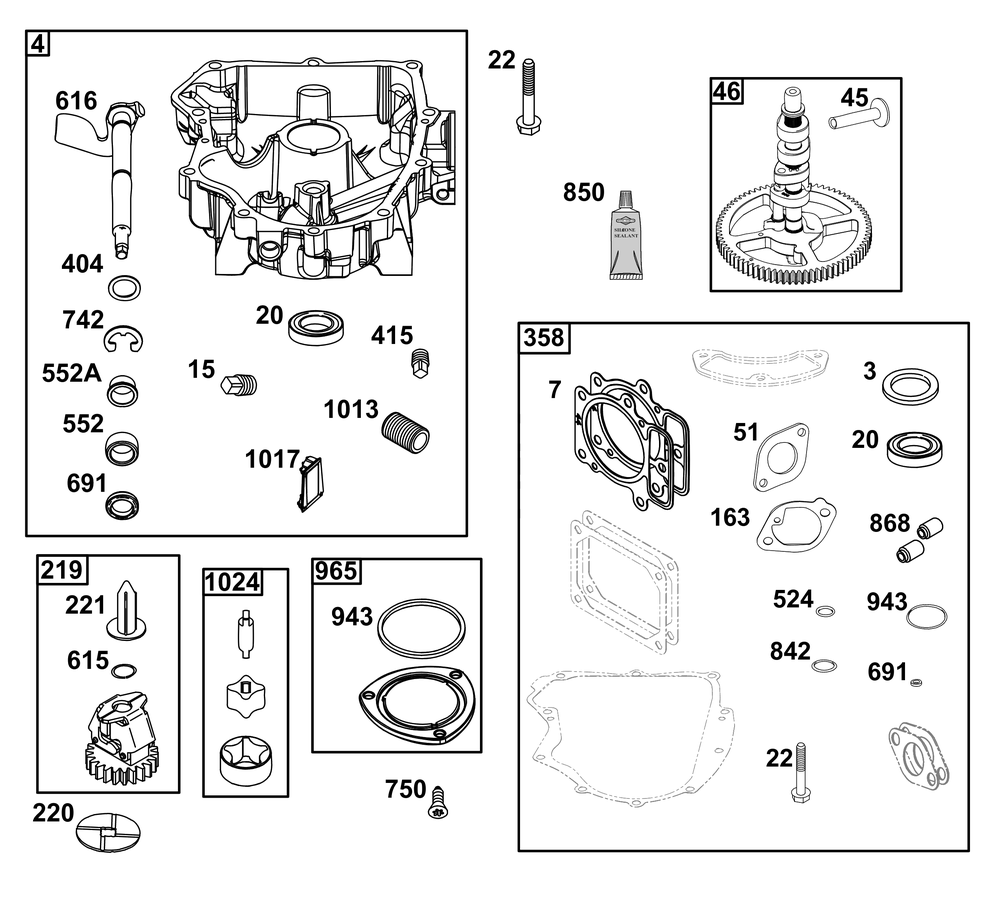 Crankcase Cover/Sump Group Diagram and Parts List for 44U877-0044-G1 400000 - 699999 Briggs and Stratton Engine